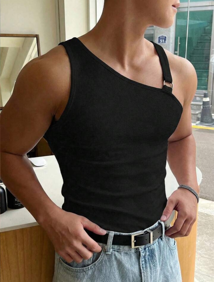 Men's Solid Color Oblique Shoulder Sleeveless Slim Fit Casual Asymmetrical Hollow Out-Tank Top